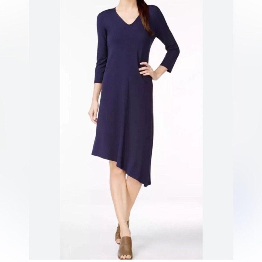 Eileen Fisher Large Navy‎ Blue Asymmetrical Hem Jersey Knit Midi Dress